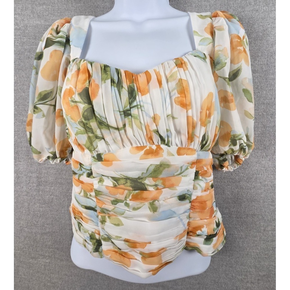 Abercrombie‎ & Fitch Peasant Top S Ruched Peach Floral Romantic Puff Sleeve Boho